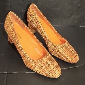 ♤ Coup D'etat STUDIO Orange/Brown/Cream Woven Fabric 3" Heels NWOT! 8M